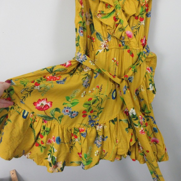 Maeve Anthropologie Yellow Floral Ruffle Wrap Mini Dress Women's Medium Boho M - Picture 2 of 15